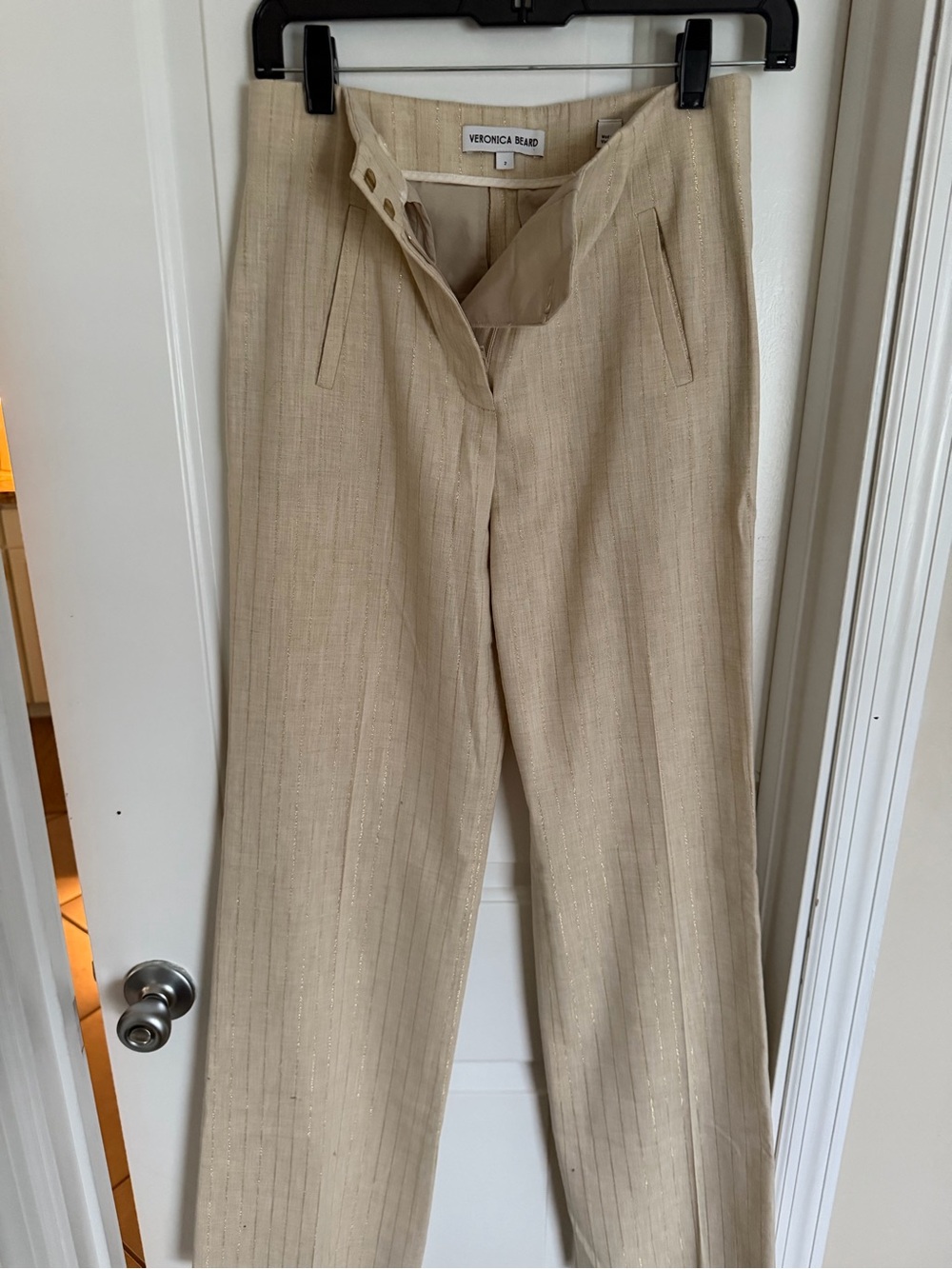 Veronica Beard Beige Pinstripe Linen-Blend Trousers